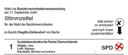 Ausschnitt des Musterstimmzettels Bezirksstimme, Quelle: Landeswahlleiter. Rotes Kreuz: SPD-Wahlempfehlung 