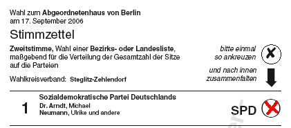 Ausschnitt des Musterstimmzettels Zweitstimme, Quelle: Landeswahlleiter. Rotes Kreuz: SPD-Wahlempfehlung 